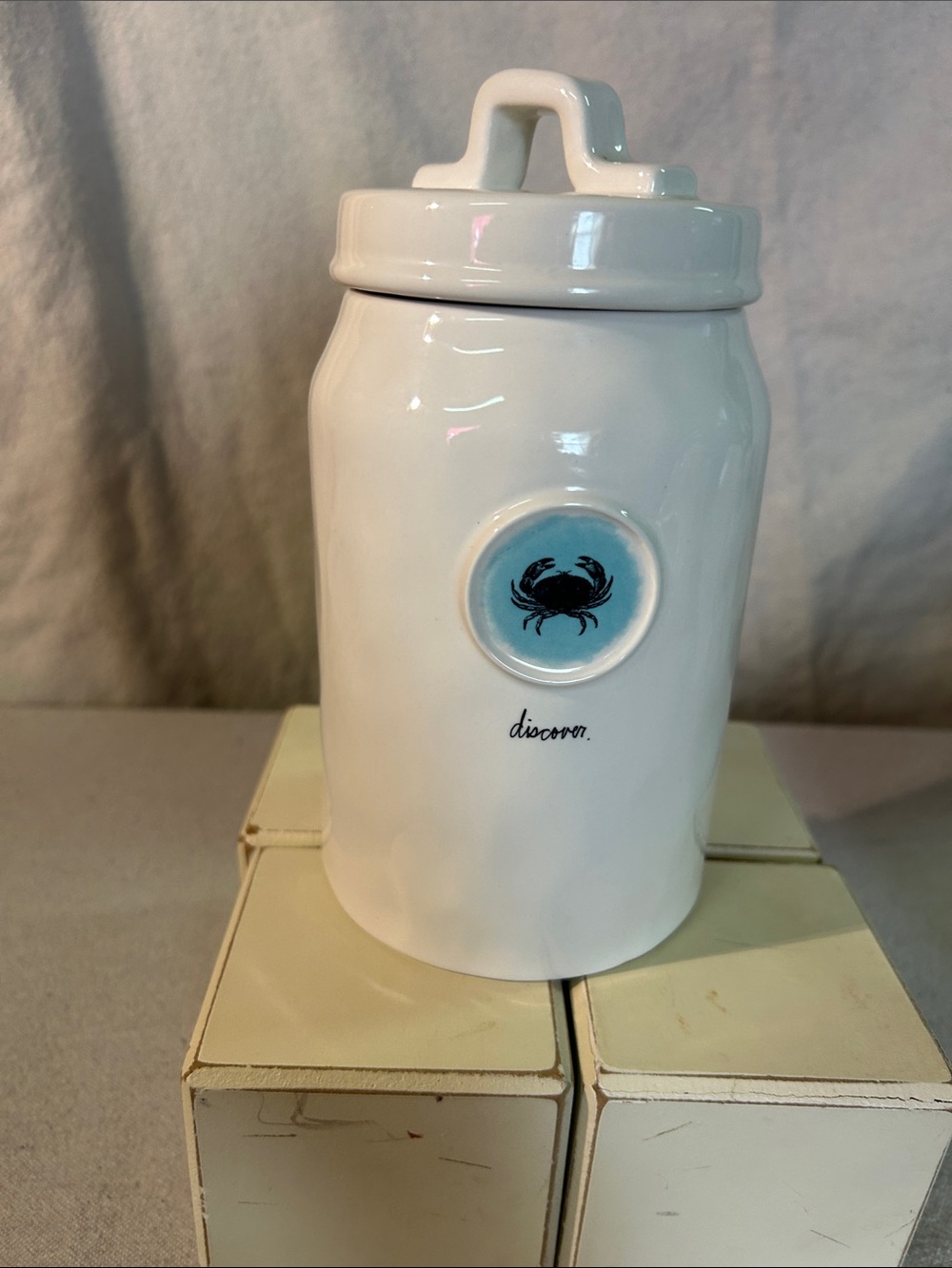 Rae Dunn White Ceramic Pantry Jar with Blue Crab Motif